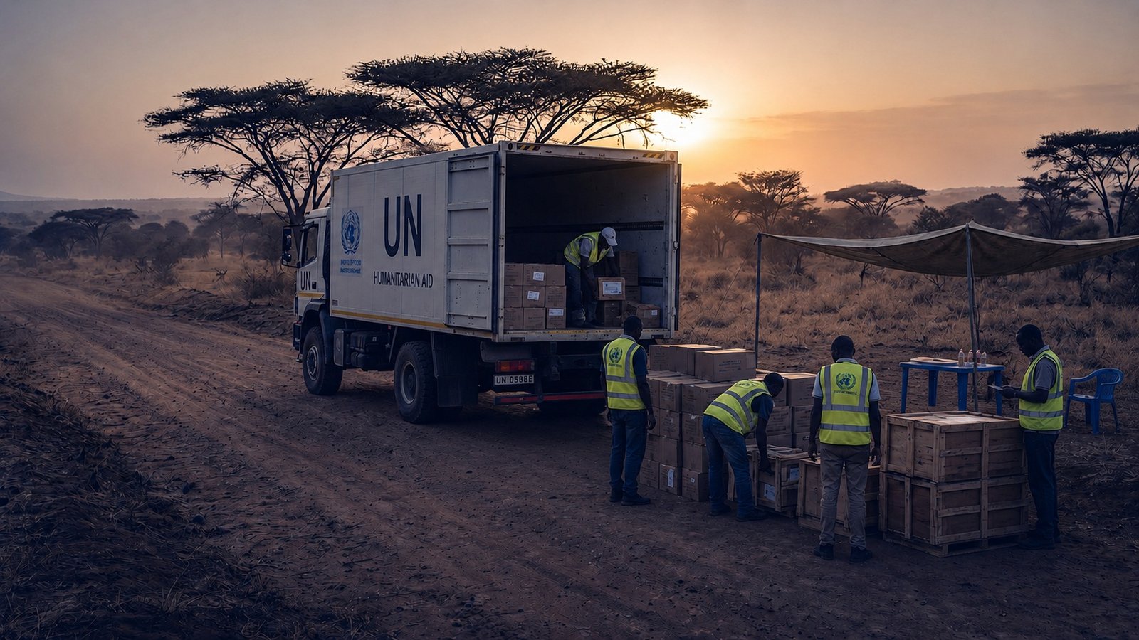 UN humanitarian aid truck unloading relief supplies at a field distribution point in East Africa